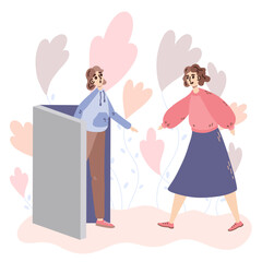 Empathy. Mental health. Helping hand or psychological care. Vector illustration with two women and flowers on the background