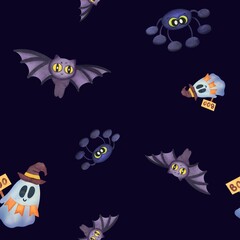 cute watercolor bat, ghost seamless pattern. All Saints' Day, Halloween scary background wallpaper. childish print for holiday gift wrapping, napkins, fabrics, packaging paper