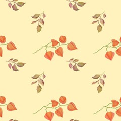 colorful leaves seamless autumn pattern on yellow background. watercolor floral ornament for packaging paper, fabrics, wrapping gifts, stickers, tape, ribbons. cut out wallpaper design element