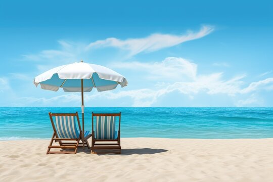A viral photo captures the relaxing scene of enjoying a chaise lounge and leisure on the beach, basking in the sun. It's a dreamy image that evokes thoughts of summer vacations.

 Generative AI