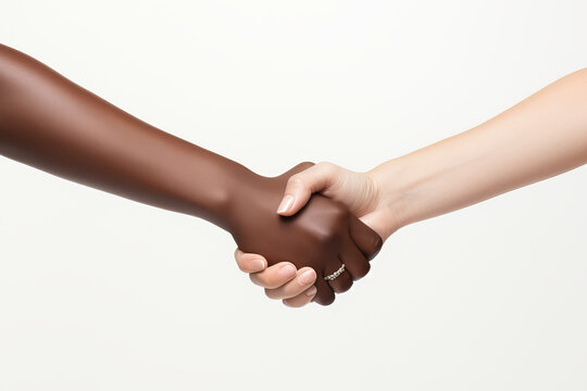 Two multiracial young women with different skin tones shaking hands on white background