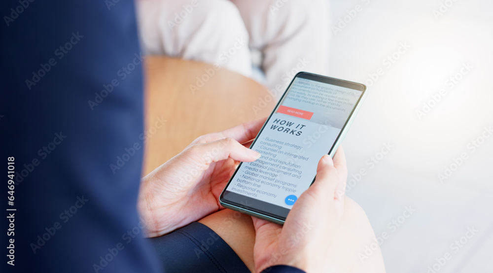 Fototapete phone screen, website and hands scroll or people with clients review, about us and digital marketing