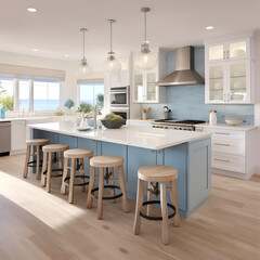 Contemporary Coastal Kitchen: Infusing coastal elements with modern design, using light and airy colors, and open spaces for a fresh look. AI Generated