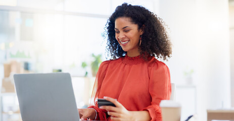 Laptop, ecommerce and business woman with credit card for internet purchase, payment and online...