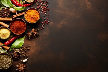 Fototapeta na wymiar various flavorful seasoning cooking spices and herbs collection with the blank minimalist copy