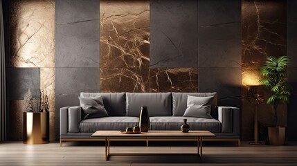 contemporary interior design with wall texture, sofa, and gold side table.