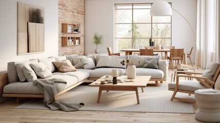 Scandinavian style living space with wood furniture and trendy decor, 3D visual