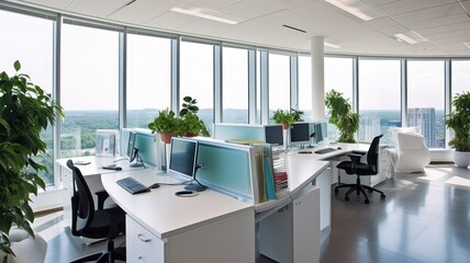 Fototapeta na wymiar Inspiring office interior design Modern style Corporate Office featuring Expansive windows architecture. Generative AI AIG 31.