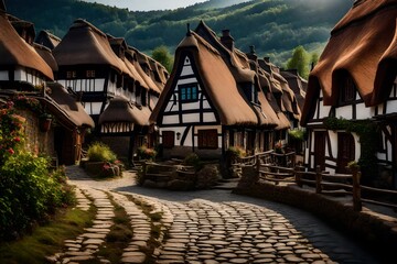 Fairy tale village with thatched-roof cottages and cobblestone streets - AI Generative