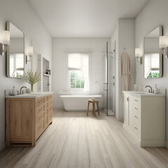 Fototapeta na wymiar Transitional Bathroom: Merging traditional and modern elements to create a balanced, timeless design with clean lines and neutral tones. AI Generated