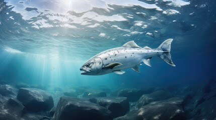 Fototapeta premium life beneath the ice by of a curious Antarctic fish swimming among the mesmerizing ice formations of a submerged world.