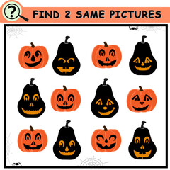 Find same pictures with cartoon halloween pumpkin. Educational logical game for children. Vector illustration.