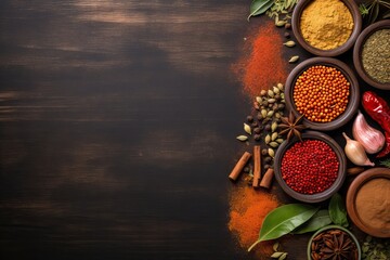 various flavorful seasoning cooking spices and herbs collection with the blank minimalist copy space