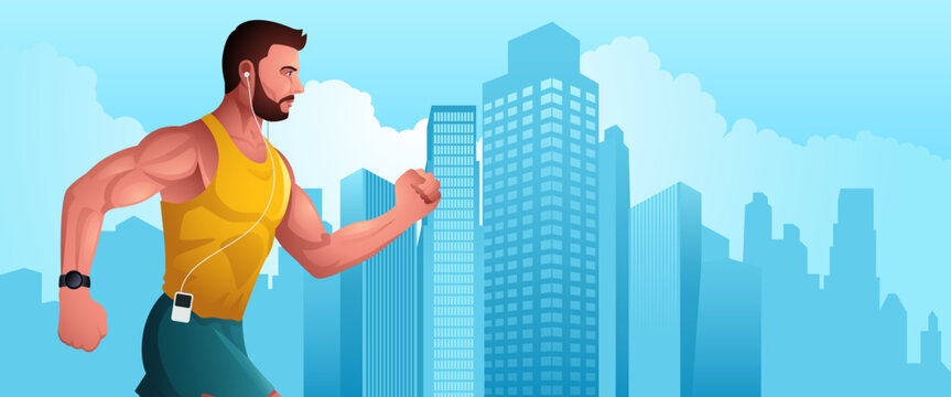 Illustration of a fit man jogging vigorously against the backdrop of a cityscape. The urban fitness mindset, determination, and personal well-being, preference for health and fitness-related projects