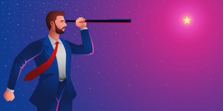 Forward-thinking businessman stands tall, using a telescope to peer into the vast expanse of the starry night sky. Symbolises the boundless potential and visionary thinking that drive business success