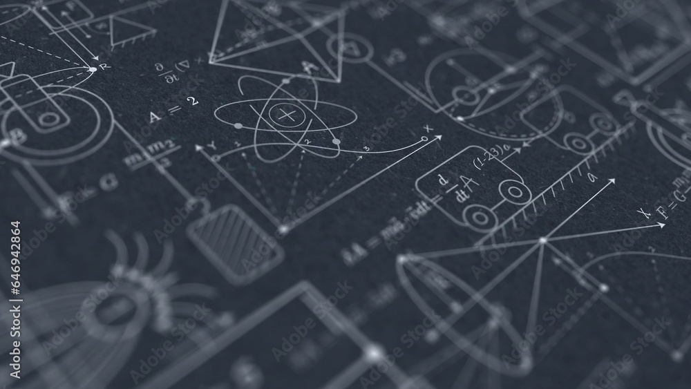 Wall mural school background. technological engineering invention. physics and mathematics .formulas and drawin