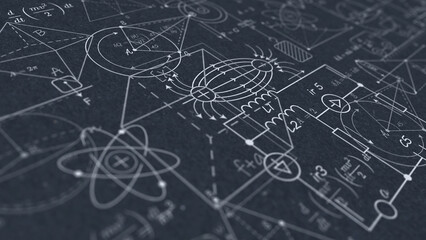 School background in physics and mathematics .Formulas and drawings. Scientific research. illustration.