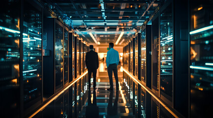 A modern data center with racks of servers, cooling systems, and technicians managing the digital infrastructure that powers our interconnected world. - obrazy, fototapety, plakaty