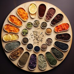 Naklejka premium A collection of tea ingredients and fruit on display - generative AI