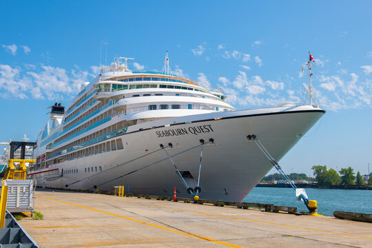 Seabourn Quest by Seabourn Cruise Line docked at Boston Cruise Port in Seaport District, city of Boston, Massachusetts MA, USA. 