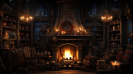 A fireplace burns in a house cozy atmosphere