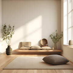 Zen Minimalist Meditation Room: Designing a serene space with a focus on tranquility, incorporating meditation cushions, neutral colors, and natural materials. AI Generated