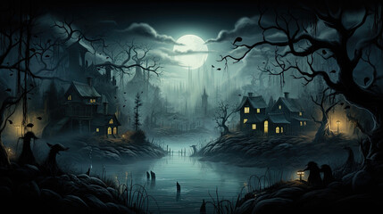 Illustration of a haunted house in the forest at night with full moon