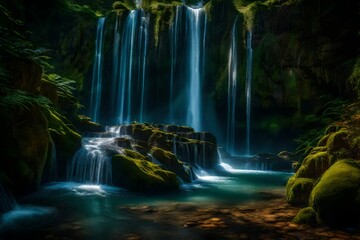 Hidden fairy kingdom tucked away behind a cascading waterfall - AI Generative
