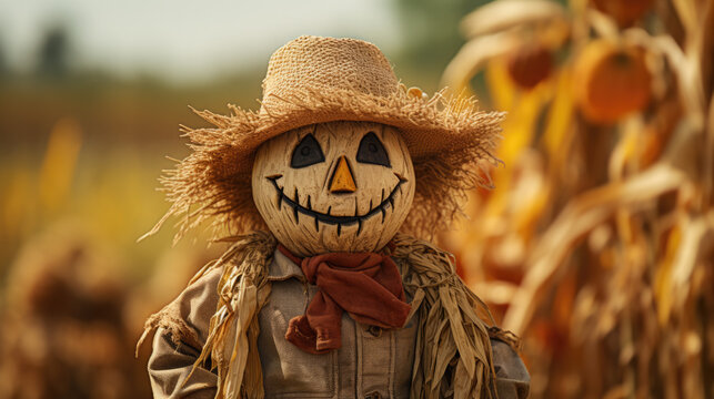 a scary scarecrow with a hat in a field