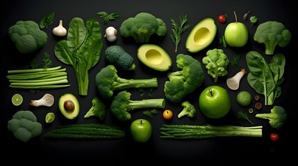 Various green fruits and vegetables photo realistic flat lay pattern background.