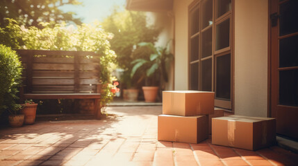 Parcels delivered and left at the front door on porch. Boxes against autumn background.