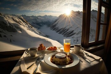 Breakfast on a mountain top generated by AI