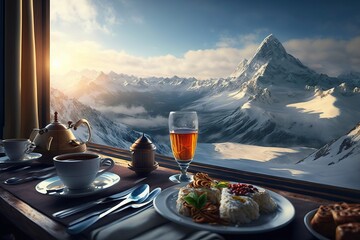 Breakfast on a mountain top generated by AI