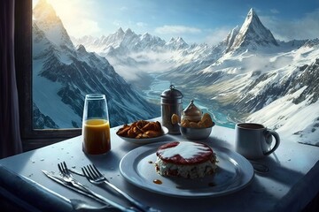 Breakfast on a mountain top generated by AI