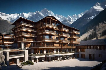 hotel complex in the mountains, modern with traditional elements of stone on the façade - AI Generative