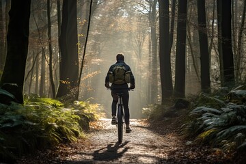 Fototapeta premium Silhouette of a lonely cyclist in the morning foggy forest. A bike ride in the fresh air, alone with your thoughts. Solitude in nature. Back view.