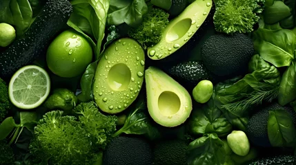 Fotobehang Close up green fruits and vegetables background. Organic macro pattern. © Premium_art
