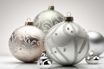 Christmas balls on a light silver and white background generated by AI
