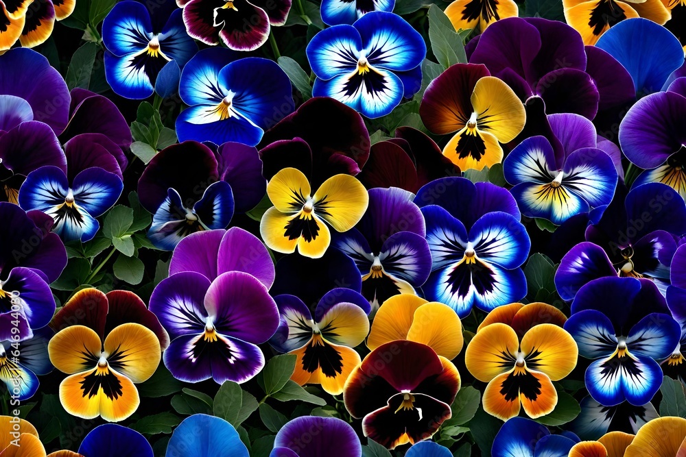 Poster intricate and colorful pansies with their faces displaying a range of patterns and hues - ai generat