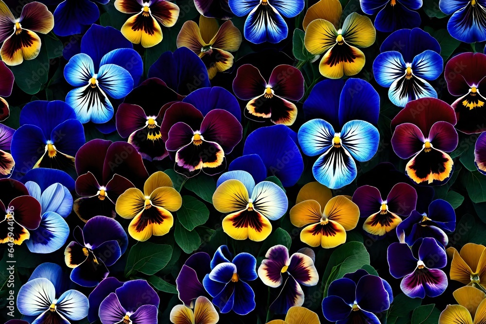 Poster intricate and colorful pansies with their faces displaying a range of patterns and hues - ai generat