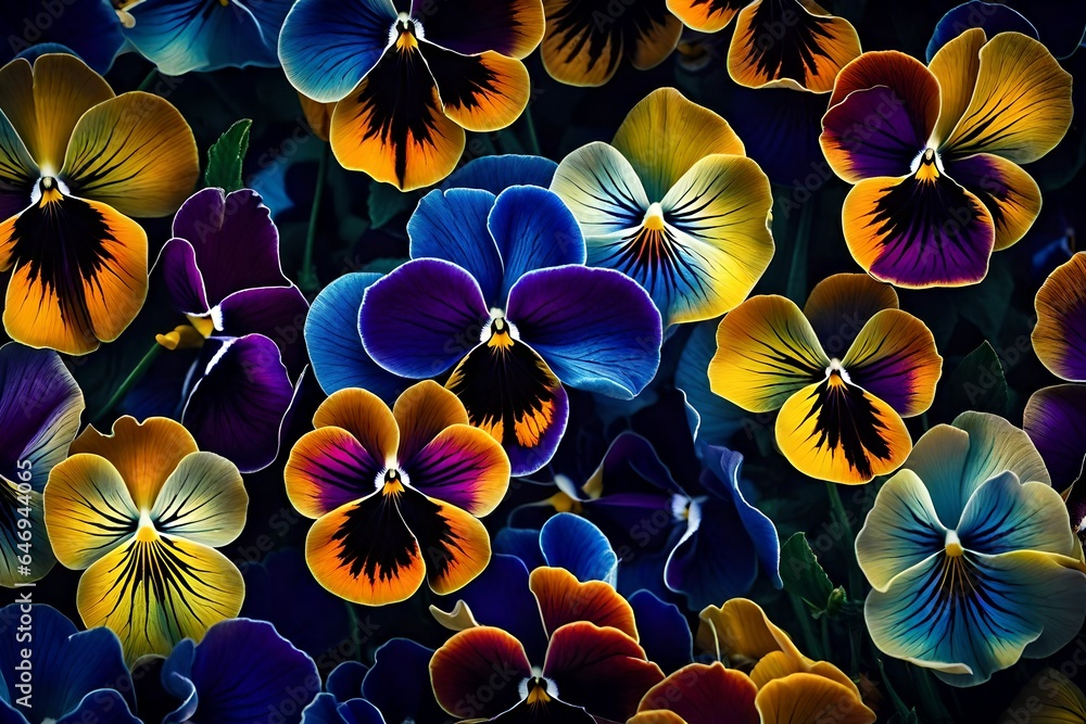Poster intricate and colorful pansies with their faces displaying a range of patterns and hues - ai generat