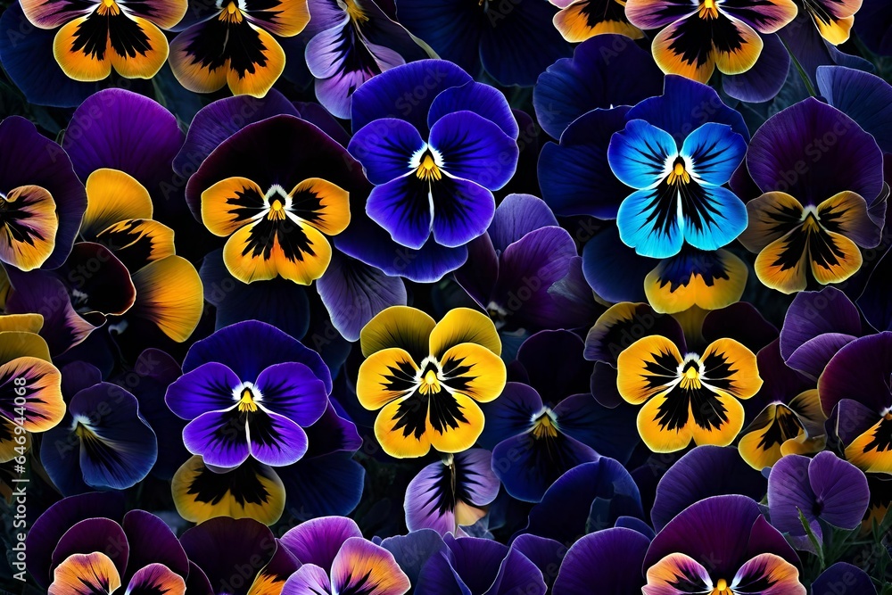 Poster intricate and colorful pansies with their faces displaying a range of patterns and hues - ai generat