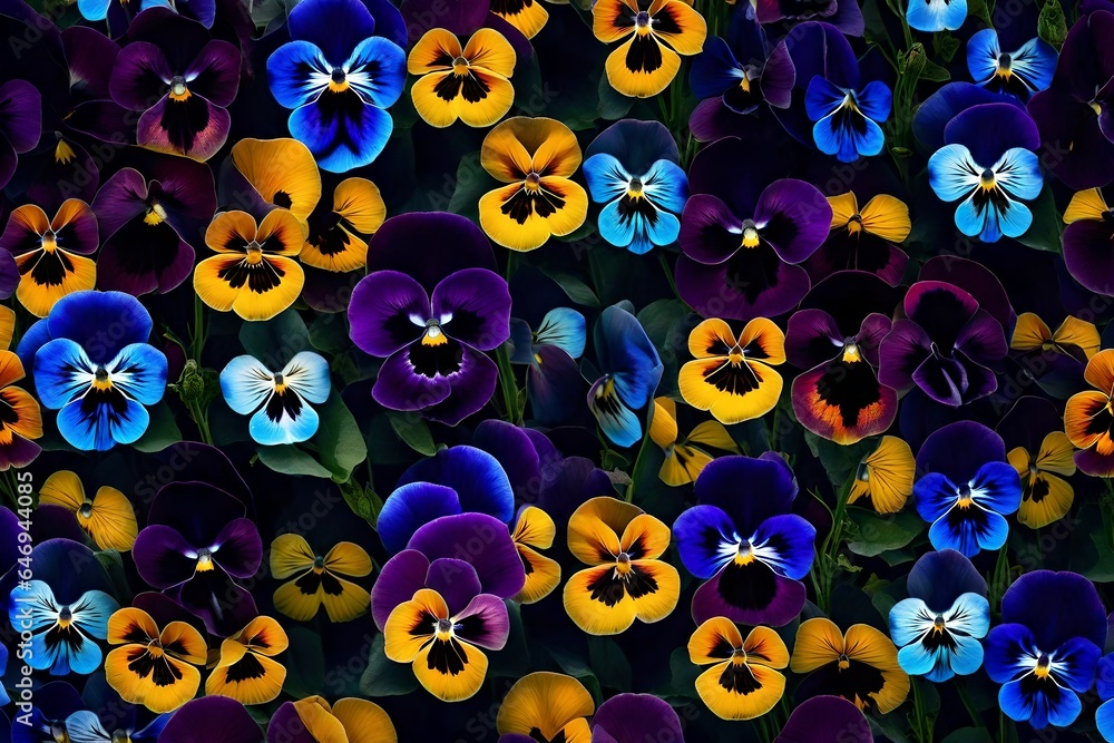 Poster intricate and colorful pansies with their faces displaying a range of patterns and hues - ai generat