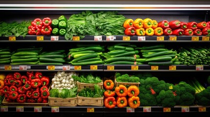 Vegetables in the refrigerated shelf of a supermarket. Generative AI