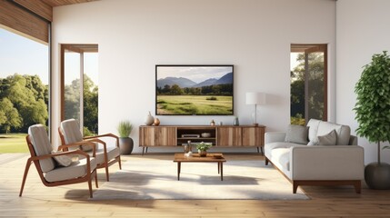 Living room with armchairs, coffee table, tv cabinet, hardwood floor, and countryside view. Blank tv display.