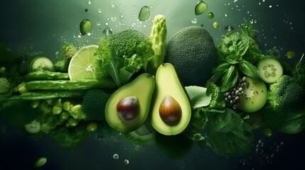 Various green fruits and vegetables flying in the air, selective focus, white background