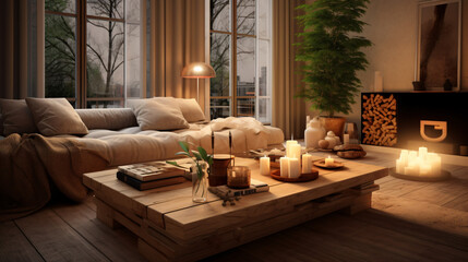 Wooden tabletop in a cozy living room