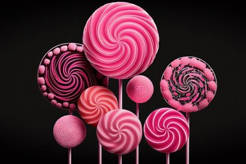 Pink lollipops on a black background generated by AI