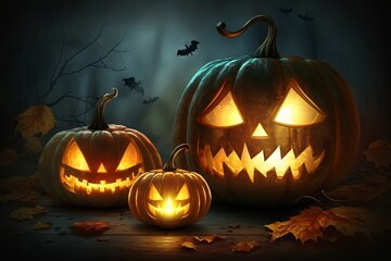 Realistic Halloween pumpkins with lantern lights background generated by AI