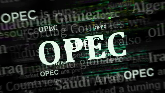 OPEC Organization Petroleum Exporting Countries oil producing export association headline across media. Abstract concept of news titles on noise displays loop. TV glitch effect seamless looped.